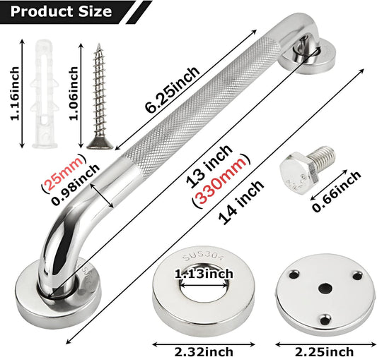 2 Pack 13inch Anti Slip Shower Grab Bar Handle, Chrome Stainless Steel Bathroom Grab Bar, Knurled Bathroom Balance Bar,Safety Hand Rail