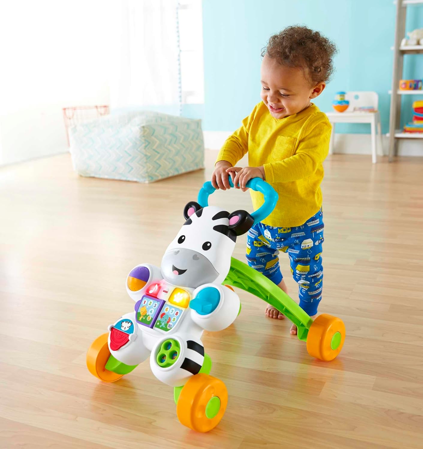 Fisher-Price Learn with Me Zebra Walker First Steps Baby Walker Push Along Toy with Lights, Music, Baby Girl and Baby Boy Toys Hands-On Toddler Baby Push Along Walker UK English Version