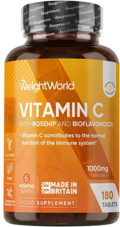 Vitamin C Tablets 1000mg - 180 Tablets - 6 Months Supply - Added Rosehips & Bioflavonoids - 1 per Day