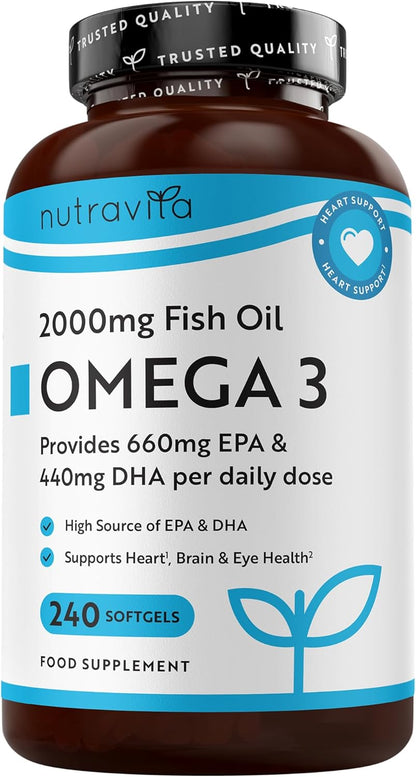 Nutravita Omega 3 Capsules High Strength 2000mg with 660mg EPA & 440mg DHA - 240 Softgel Omega 3 Fish Oil Capsules
