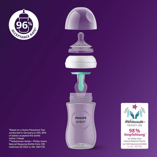 Philips Avent AirFree Vent Baby Bottle Newborn Gift Set - 4 Baby Milk Bottles with Air-Free Vent, Ultra-Soft Pacifier and Bottle Brush, Babies Aged 0-12 Months+