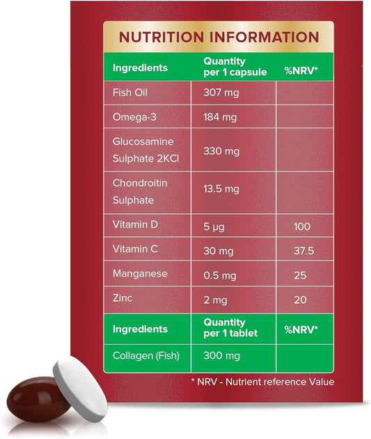Seven Seas JointCare Plus Collagen, with Omega-3, Glucosamine, Chondroitin, Vitamins C and D, Manganese and Zinc, Food Supplements, 30-Day Pack