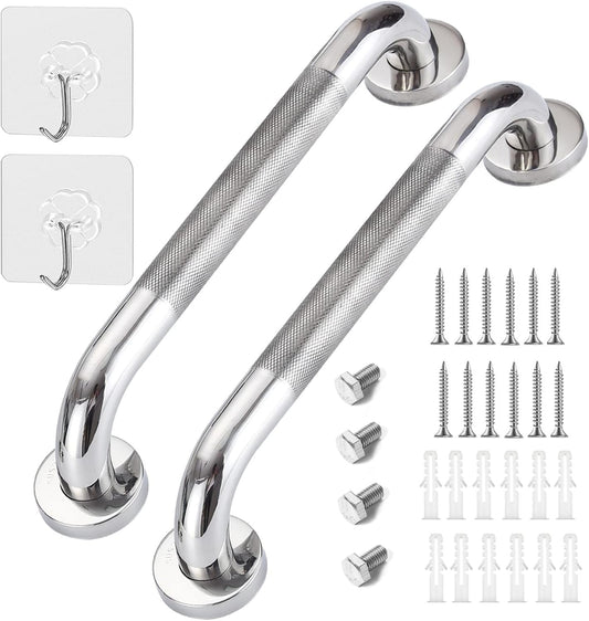 2 Pack 13inch Anti Slip Shower Grab Bar Handle, Chrome Stainless Steel Bathroom Grab Bar, Knurled Bathroom Balance Bar,Safety Hand Rail