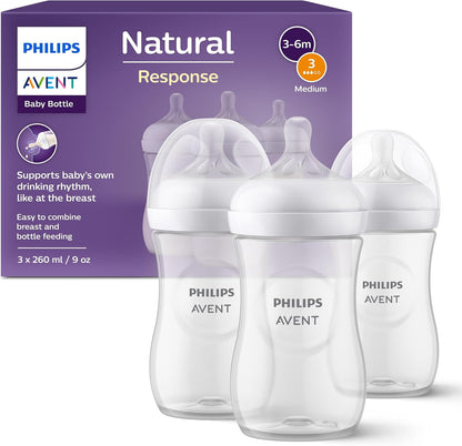 Philips Avent Natural Response Baby Bottle - 3 x 260ml Baby Milk Bottle for Newborns and Up, BPA Free, 1+ Months