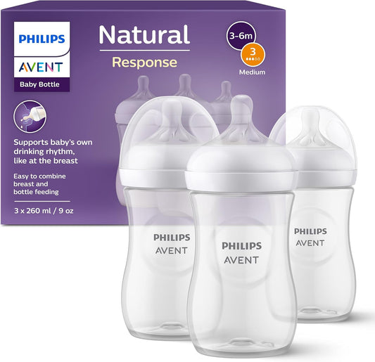 Philips Avent Natural Response Baby Bottle - 3 x 260ml Baby Milk Bottle for Newborns and Up, BPA Free, 1+ Months