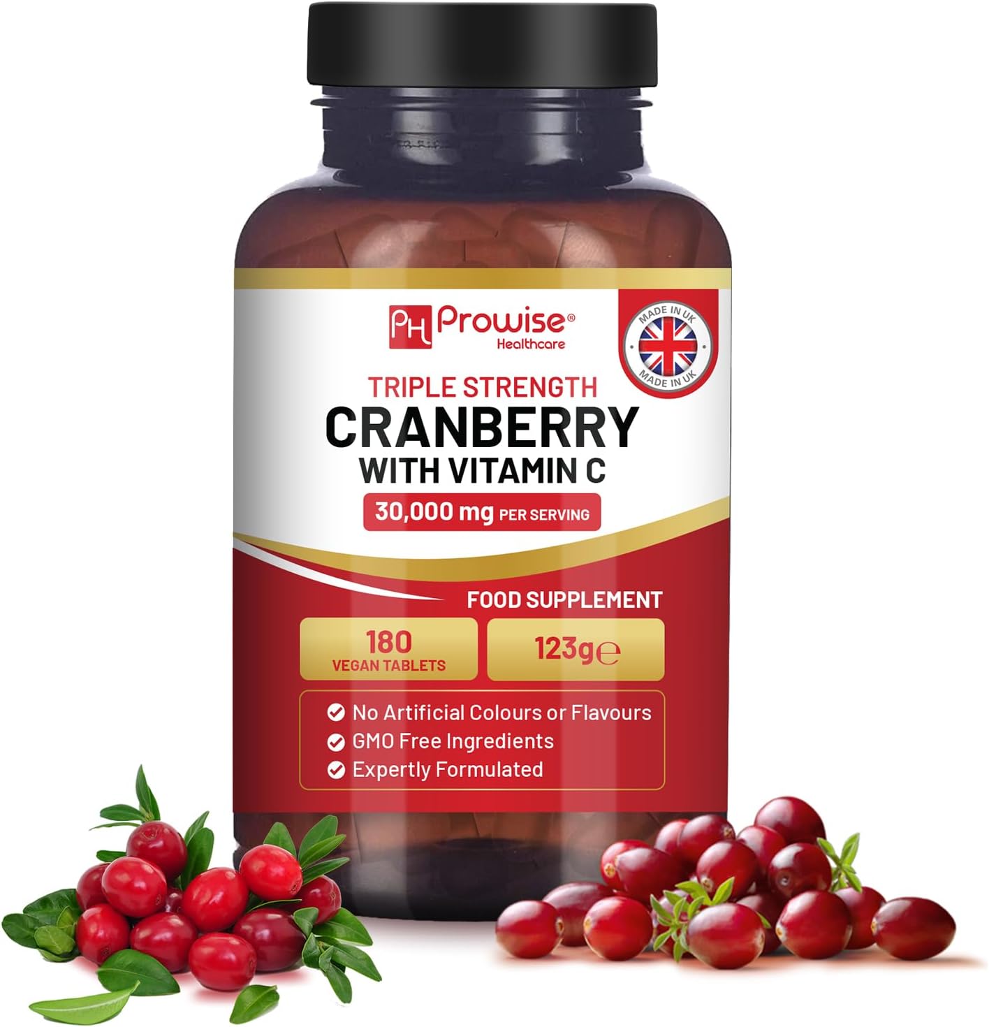 Triple Strength Cranberry 30,000mg Added with Vitamin C - 180 Vegan Tablets I UTI Support for Women I Easy to Swallow Tablets