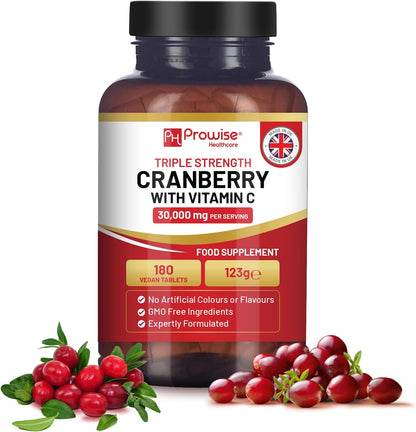 Triple Strength Cranberry 30,000mg Added with Vitamin C - 180 Vegan Tablets I UTI Support for Women I Easy to Swallow Tablets