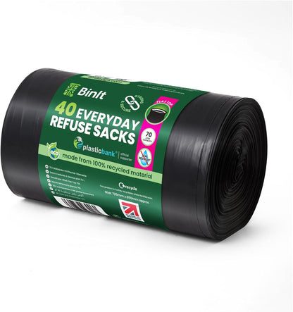 BIN IT 40 Everyday 70L Strong & Secure, Refuse Sacks, Bin Bags, Bin Liners, Flat Top, Recycled, Tear Resistant, 30 μm