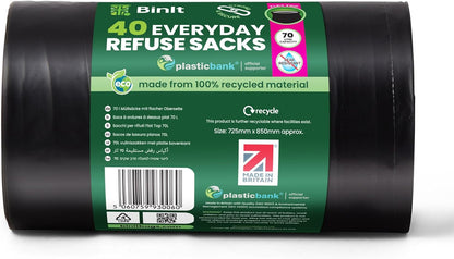 BIN IT 40 Everyday 70L Strong & Secure, Refuse Sacks, Bin Bags, Bin Liners, Flat Top, Recycled, Tear Resistant, 30 μm