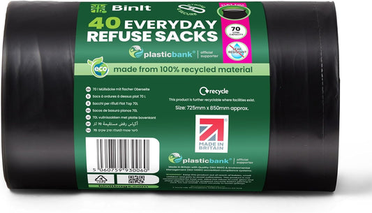 BIN IT 40 Everyday 70L Strong & Secure, Refuse Sacks, Bin Bags, Bin Liners, Flat Top, Recycled, Tear Resistant, 30 μm
