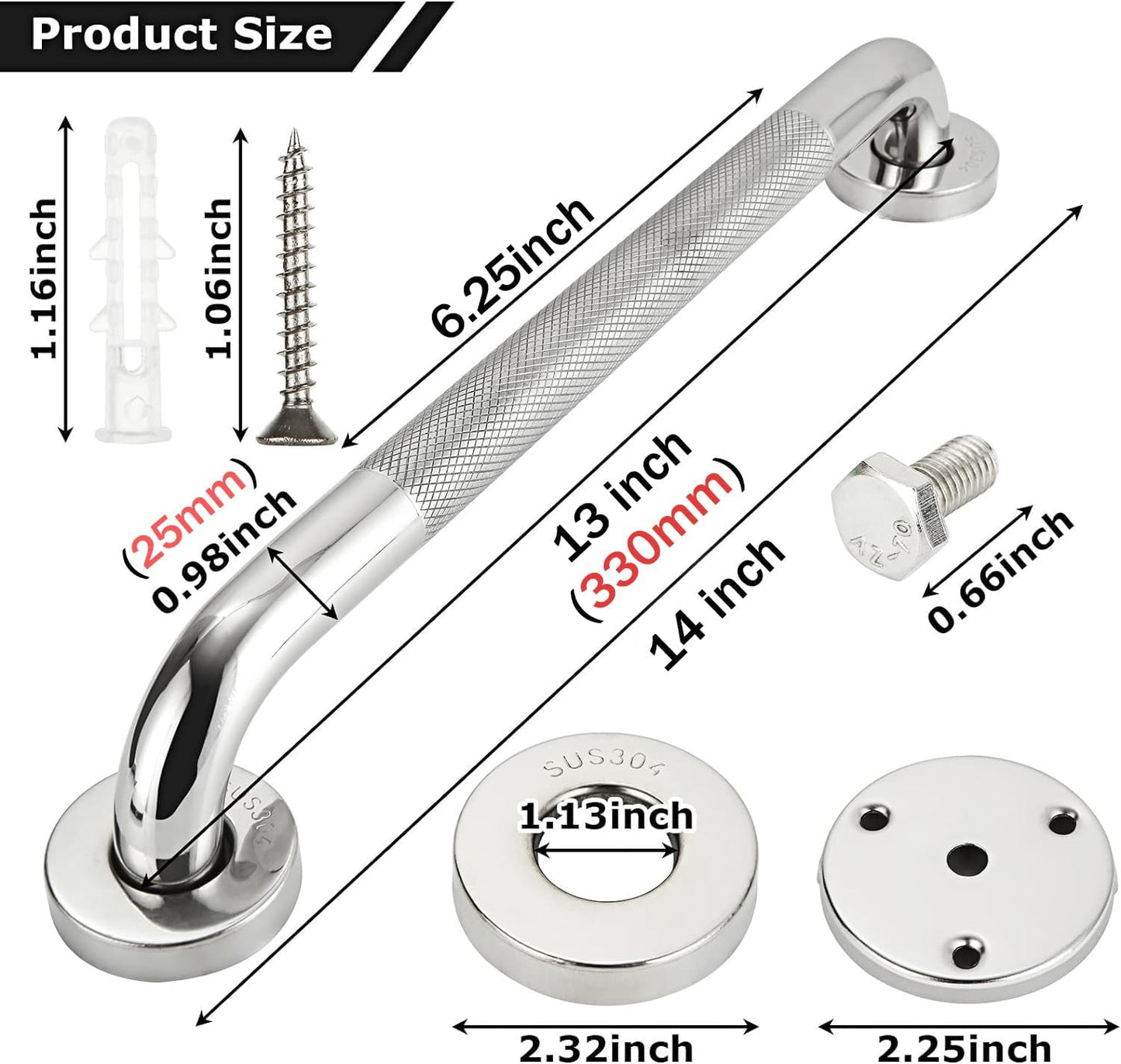 2 Pack 13inch Anti Slip Shower Grab Bar Handle, Chrome Stainless Steel Bathroom Grab Bar, Knurled Bathroom Balance Bar,Safety Hand Rail