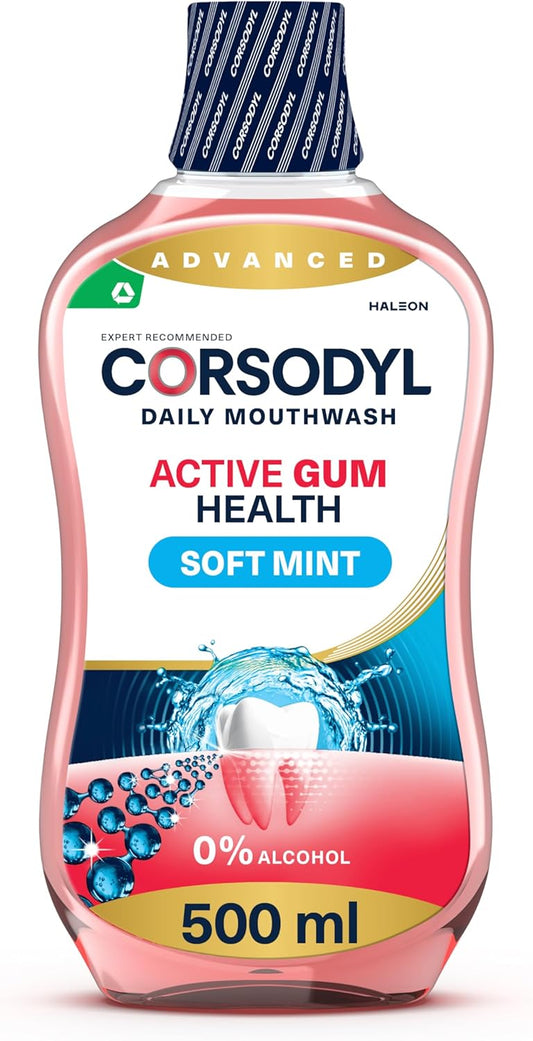 Corsodyl Mouthwash Daily Active Gum Health, Fluoride Mouthwash, Alcohol Free, Soft Mint, 500ml