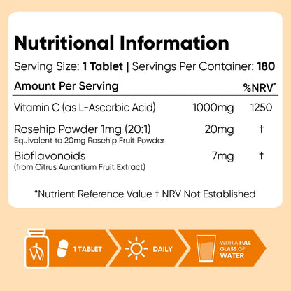 Vitamin C Tablets 1000mg - 180 Tablets - 6 Months Supply - Added Rosehips & Bioflavonoids - 1 per Day