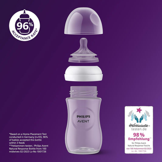 Philips Avent Natural Response Baby Bottle - 3 x 260ml Baby Milk Bottle for Newborns and Up, BPA Free, 1+ Months
