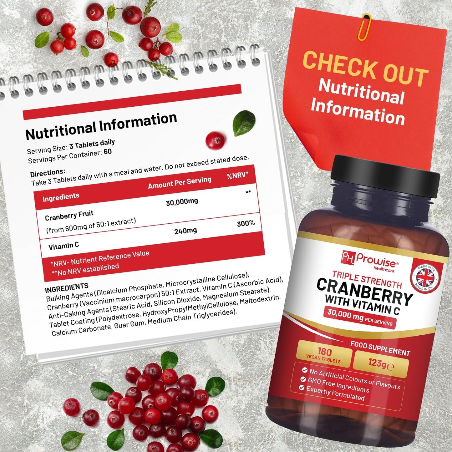 Triple Strength Cranberry 30,000mg Added with Vitamin C - 180 Vegan Tablets I UTI Support for Women I Easy to Swallow Tablets