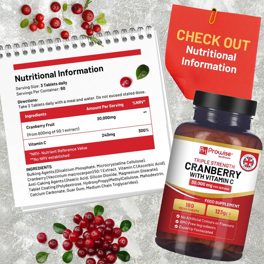 Triple Strength Cranberry 30,000mg Added with Vitamin C - 180 Vegan Tablets I UTI Support for Women I Easy to Swallow Tablets