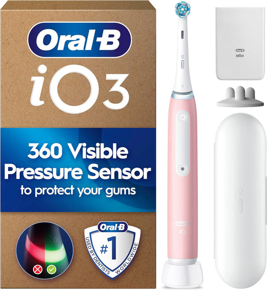Oral-B iO3 Ultimate Clean Electric Toothbrush, Blush Pink, Long-Lasting Battery with Travel Case for Home and Travel, With Refill Holder and Charger Pouch