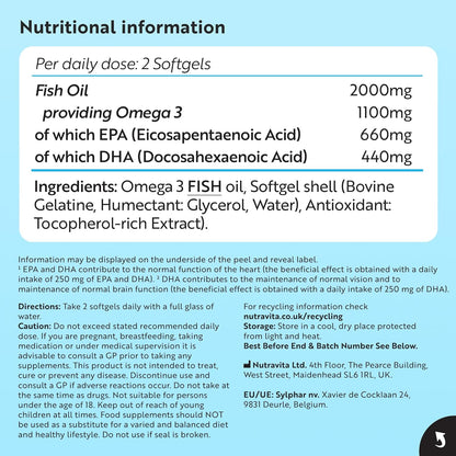 Nutravita Omega 3 Capsules High Strength 2000mg with 660mg EPA & 440mg DHA - 240 Softgel Omega 3 Fish Oil Capsules