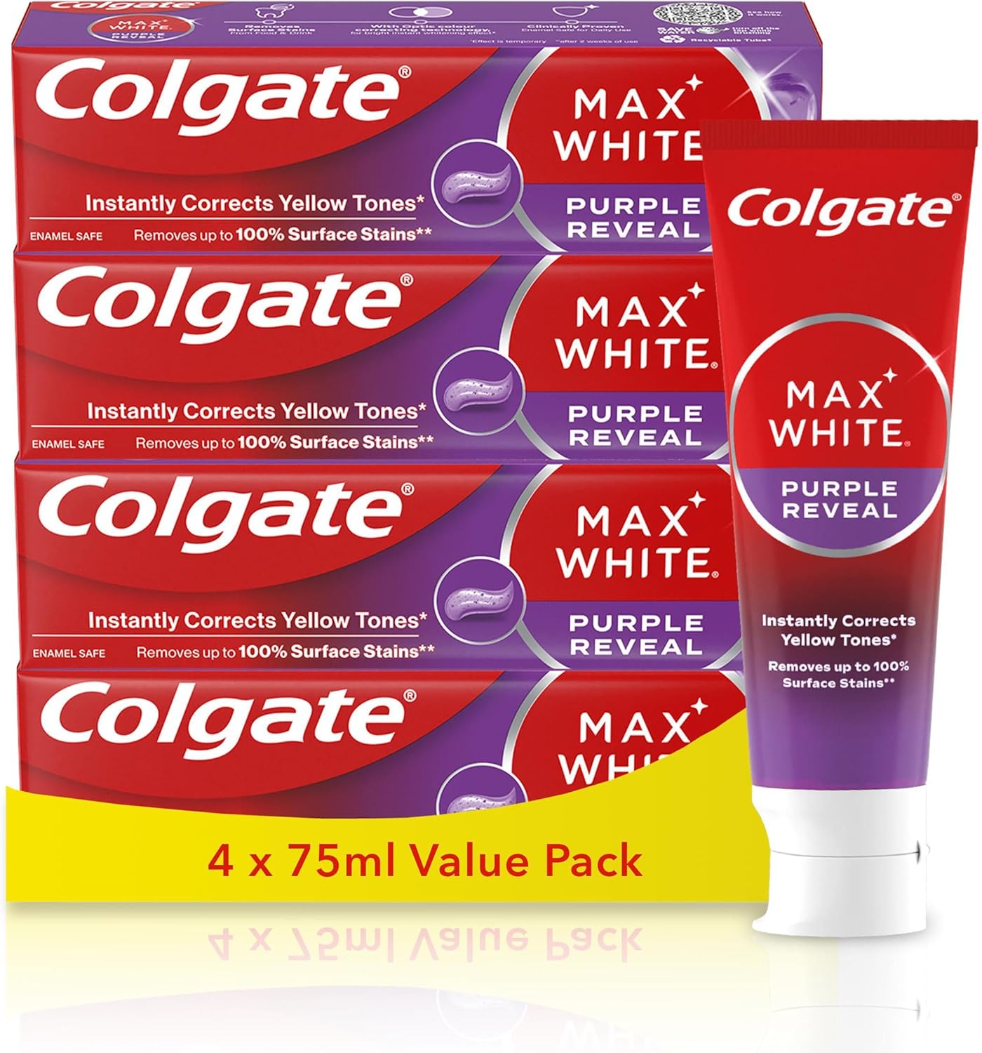 Colgate Max White Purple Reveal Teeth Whitening Toothpaste - Fluoride Toothpaste - Colgate Multipack - 4 X 75ml