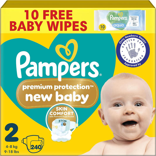Pampers Premium Protection New Baby Size 2, 240 Nappies, 4kg-8kg, Monthly Pack